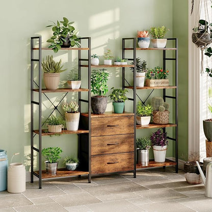 AFLUI Triple Bookshelf with 3 Fabric Drawers, 4-Tier Book Shelf and 10 Display Shelves, Industrial Large Bookcase for Home & Office, Rustic Brown, 59'' Wide
