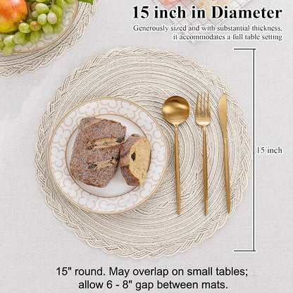 SHACOS Boho Round Placemats Set of 8 Braided Border Round Place Mats 15 inch Washable Dining Table Mats for Home Wedding Holiday Party (Ivory Bordered, 8)