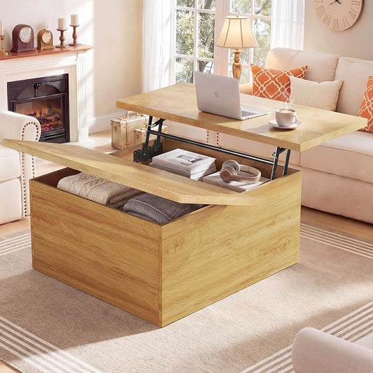 HUAHUU Lift Top Coffee Table, 4 in 1 Square Coffee Table with Storage, 31.5" Coffee Tables with Lifting Top, Center Table with Large Hidden Storage Space for Living Room, Home Office, Natural