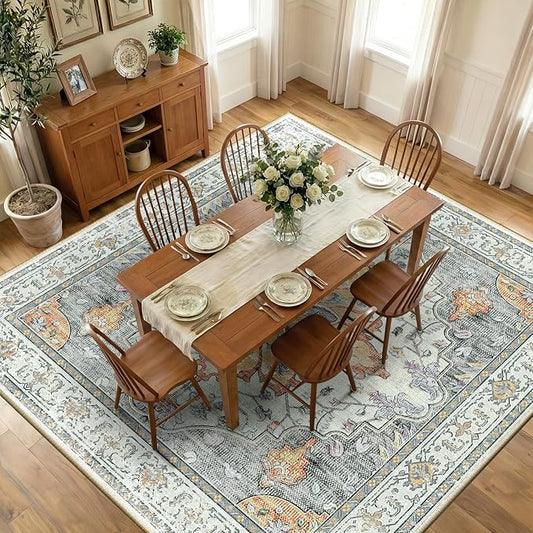 RELEANY Area Rugs Square 10ft Washable Non-Slip, Floral Vintage Distress Medallion Carpet for Living Room Bedroom Dining Room, Beige Carbon Grey Orange