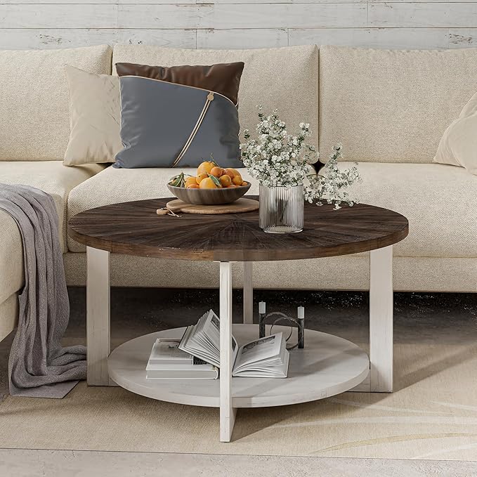 LONYKE Round Wood Coffee Table with Distressed Finish Top, Two-Tone Living Room Table with Lower Storage Shelf, Farmhouse Center Table, Large Circle, Brown and White