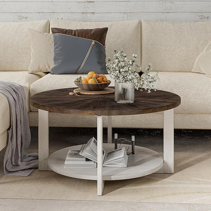 LONYKE Round Wood Coffee Table with Distressed Finish Top, Two-Tone Living Room Table with Lower Storage Shelf, Farmhouse Center Table, Large Circle, Brown and White