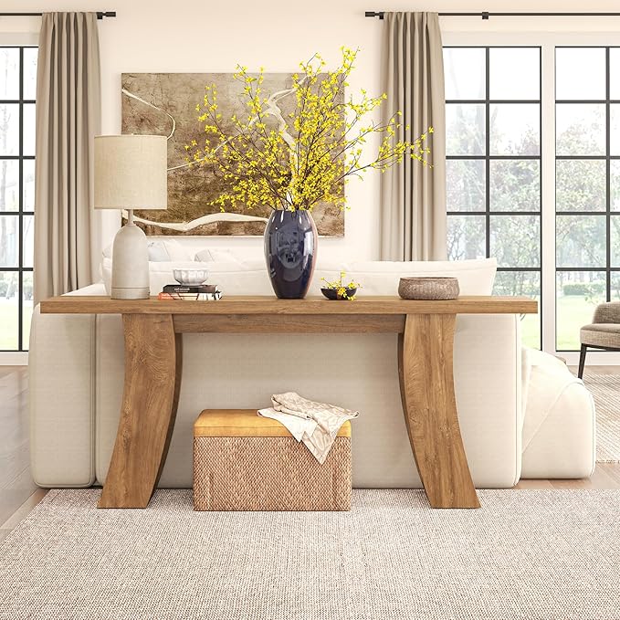70.9-Inch Wood Console Table for Entryway Living Room, Extra Long Rectangular Natural Sofa Tables with Farmhouse Wooden Curved Base for Home Hallway Couch Foyer Entrance, Light Brown Oak