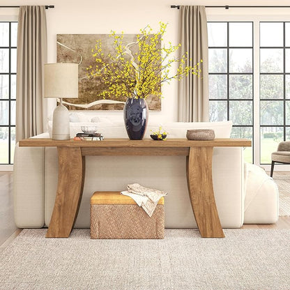 70.9-Inch Wood Console Table for Entryway Living Room, Extra Long Rectangular Natural Sofa Tables with Farmhouse Wooden Curved Base for Home Hallway Couch Foyer Entrance, Light Brown Oak