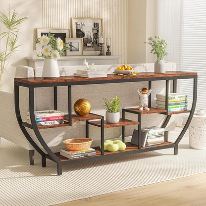 70.86" Extra Long Console Table Sofa Table & Storage Shelves Entryway Table Industrial TV Stand, Metal Frame Behind Couch Table for Foyer, Hallway, Entrance (Brown)