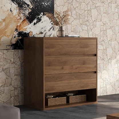 29.52" Mid Century Modern Nightstand, 3-Drawer Bedside Table with Open Shelf, Walnut Brown, Bedroom Dresser and Living Room Storage Cabinet for Small Apartment or Entryway