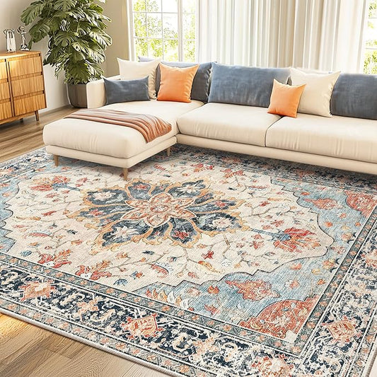 RELEANY Area Rugs 7'x10' Washable Non-Slip, Floral Vintage Distress Medallion Carpet for Living Room Bedroom Dining Room, Beige Navy Blue Orange Colorful