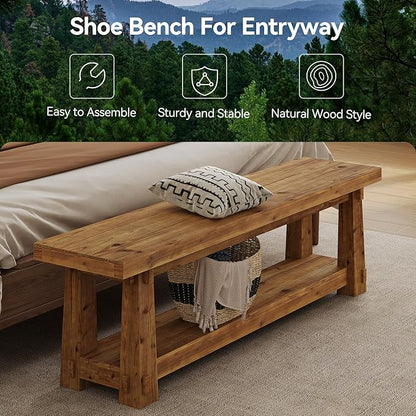 55" Solid Wood Entryway Bench with Shoe Storage, Rustic Hardwood Finishes Foyer Bench with Open Shelf for Hallway, Mudroom, Bedroom, Easy Assembly