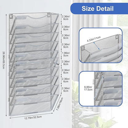 EasyPAG Wall File Organizer for Office 10 Pocket Mesh Wall Mounted Paper Organizer Hanging Folder Holder with Nametag Label for Home School, Silver