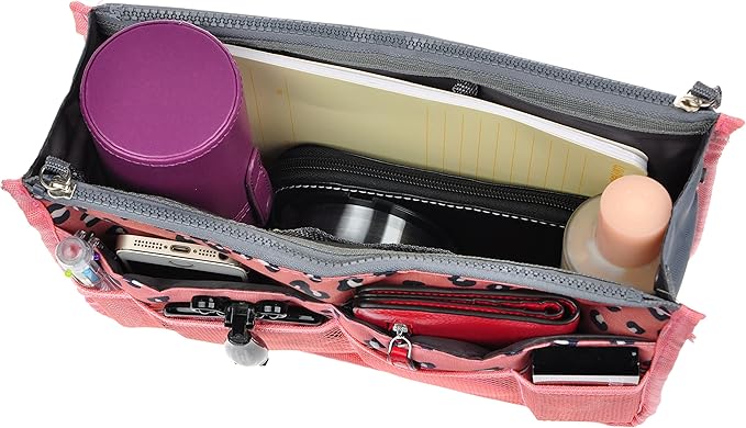 Vercord Purse Organizer Insert for Handbags Bag Organizers Inside Tote Pocketbook Women Nurse Nylon 13 Pockets Pink Leopard Small