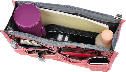 Vercord Purse Organizer Insert for Handbags Bag Organizers Inside Tote Pocketbook Women Nurse Nylon 13 Pockets Pink Leopard Medium