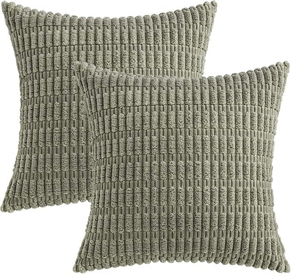 MIULEE Pack of 2 Corduroy Decorative Throw Pillow Covers 16x16 Inch Soft Boho Striped Pillow Covers Modern Farmhouse Home Decor for Summer Sofa Living Room Couch Bed Light Olive Green