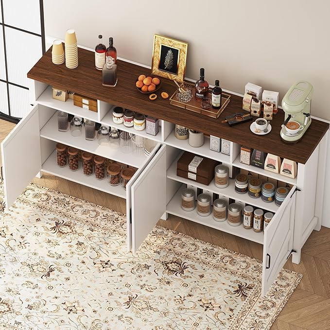 63'' Buffet Sideboard with Storage Farmhouse with 4 Doors, Large Kitchen Storage Cabinet Wood Coffee Bar Cabinet Buffet Table with Shelves for Kitchen, Dining Room, Entryway