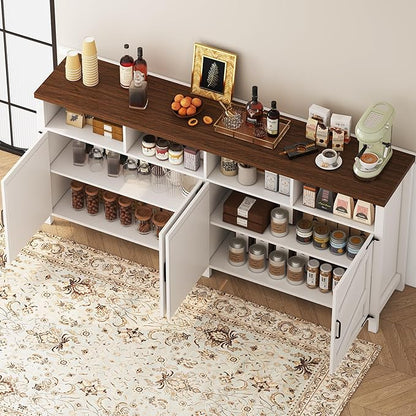 63'' Buffet Sideboard with Storage Farmhouse with 4 Doors, Large Kitchen Storage Cabinet Wood Coffee Bar Cabinet Buffet Table with Shelves for Kitchen, Dining Room, Entryway