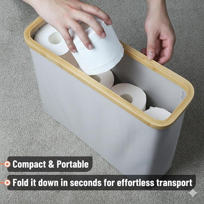 BAMBOO LAND- Toilet Paper Storage with Bamboo Lid for 12 Rolls, Light Gray, Waterproof Bamboo Toilet Paper Holder Basket