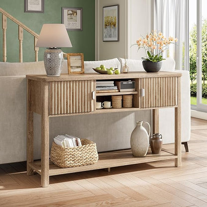 Console Table Fluted with 8 Storage Shelves & 2 Doors, Modern Entryway Table Behind Couch with Open Storage Shelf, Entry Table for Hallways,Entryway, Living Room,Wooden, Oak