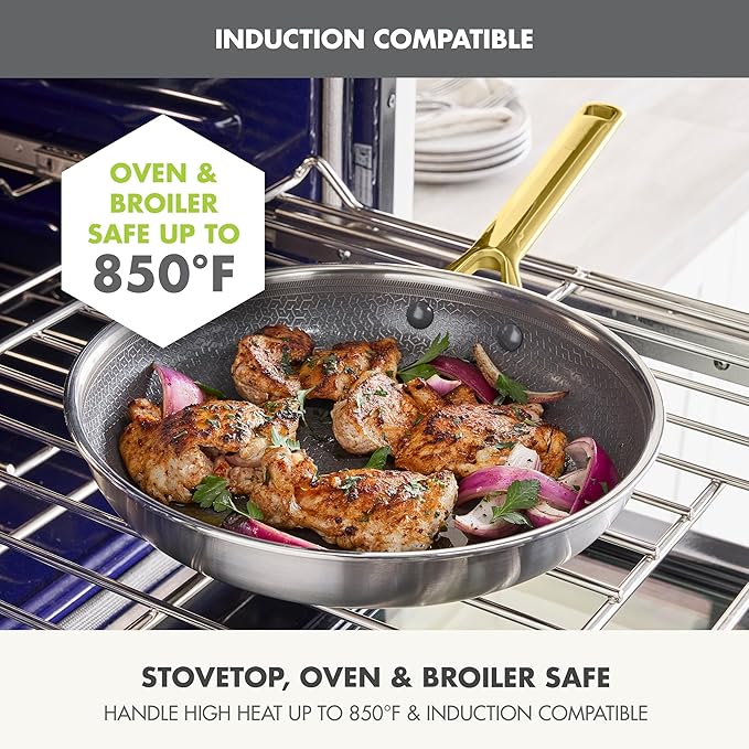 GreenPan Hybrid 10” Nonstick Stainless Steel Frying Pan Skillet, APEX Tri-Ply Thermobond PFAS-Free Ceramic Cookware, Induction & All Cooktop Compatible, Oven Temp to 850°F, Dishwasher Safe, Gold