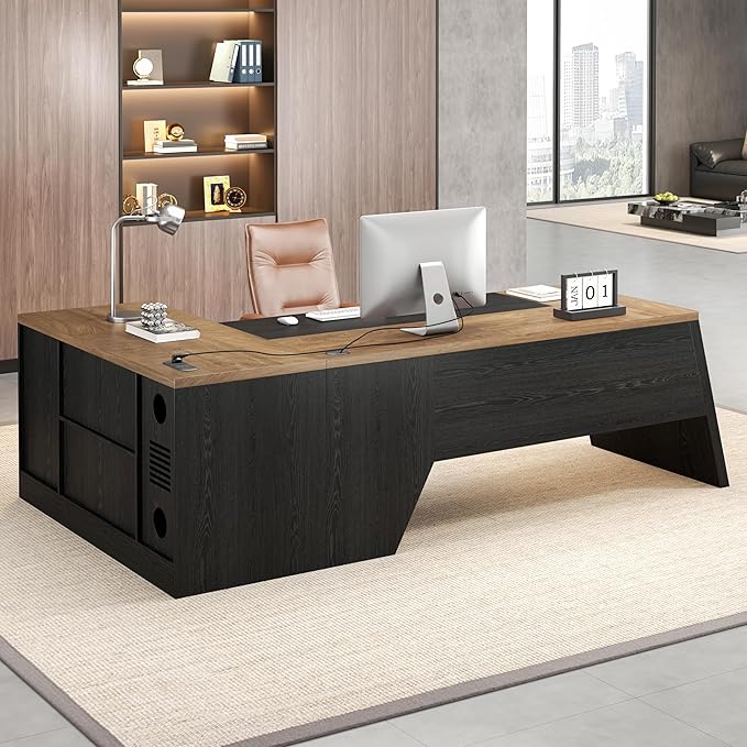 L-Shaped Executive Desk with Drawer, Large Modern Home Office Desk with Cord Hold and Power Outlet, Big Wooden Business Furniture with Lateral File Cabinet for CEO Boss, Oak Black