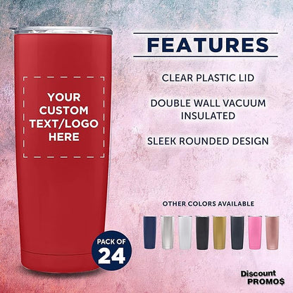 Custom Pipette Stainless Steel Coffee Tumblers 20 oz. Set of 24, Personalized Bulk Pack - Double Wall, Perfect for Coffee, Hot Cocoa, Other Hot & Cold Beverages - Red