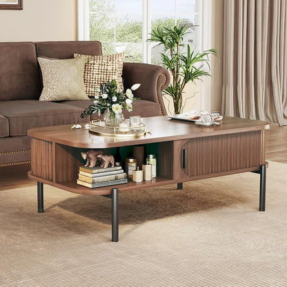 Coffee Table, 39.4" Fluted Coffee Table for Living Room, Mid Century Modern Table with Sliding Cabinet Door 2-Tier Rustic Wood Desktop with Storage Open Shelf, Walnut
