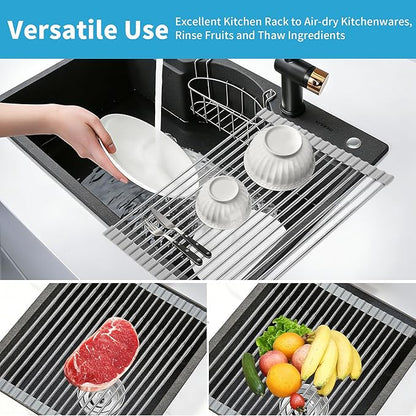 Expandable Roll-UP Dish Drying Rack-Large 304 Stainless Steel Dish Drainer Over The Sink for Kitchen Countertop,Extendable for Most Kitchen Sinks (Silver,22.08'x 13.2')