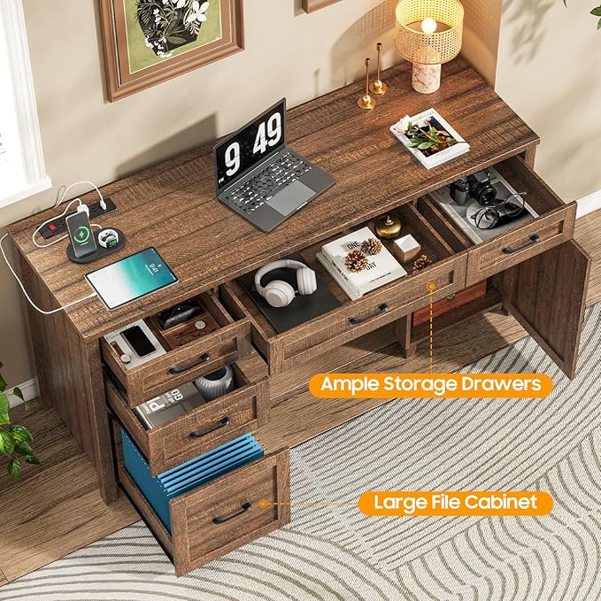 Vabches Farmhouse 61'' Executive Desk with 5 Drawers, Rustic Office Desk Computer Desk with Charging Station, File Drawers and Storage Cabinet, Wood Workstation for Study and Home Office, Red-Brown.