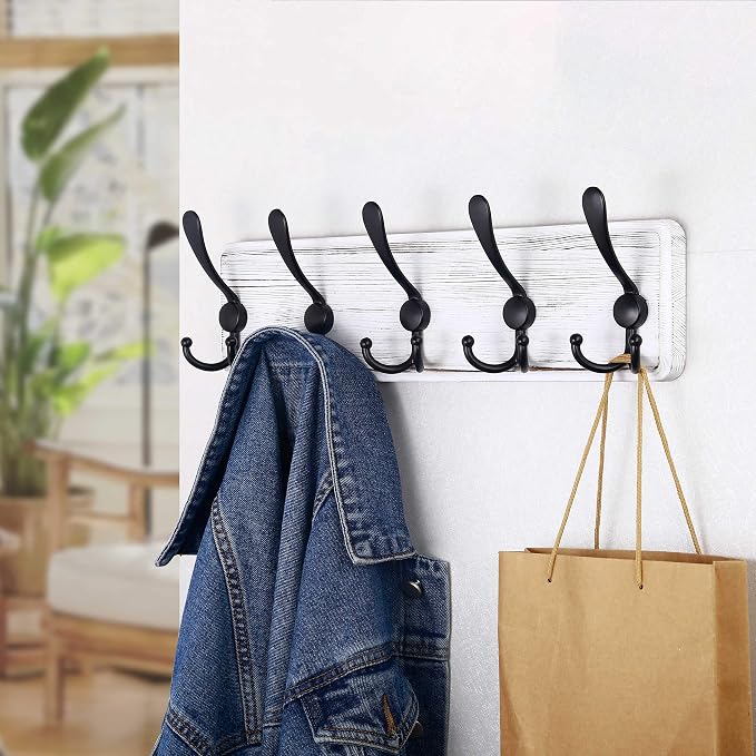 SKOLOO Rustic Wall Mounted Coat Rack: 16" Stud Spacing, Pine Real Wood Plank Wall Coat Rack with 5 Triple Hooks, Farmhouse Coat Hanger Wall Mount for Hanging Backpack Jacket Coat Hat