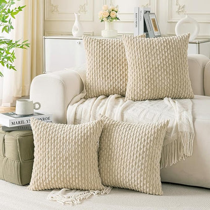 Set of 4 Beige Decorative Throw Pillow Covers 24x24 Inch Corduroy Pillow Covers for Bed Couch Sofa Living Room Soft Square Cushion Cases
