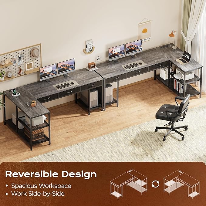 PRAISUN 63 Inch L Shaped Office Desk with Power Outlets and Type-C Port, Large Computer Gaming Desk with 3 Fabric Drawers, Mesh Shelves, Corner Study Work Writing Desk, Grey