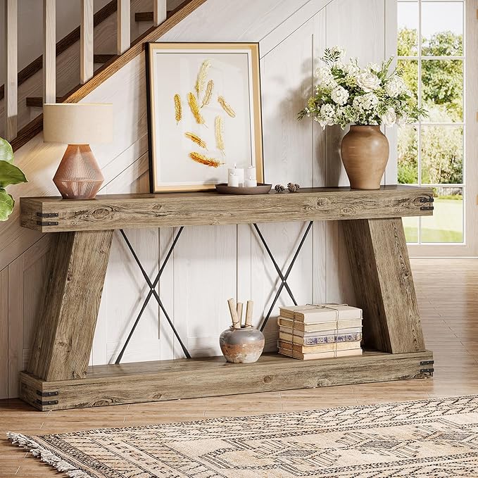 Tribesigns 70.9" Farmhouse Console Table, Long Sofa Table Behind Couch with Storage, Narrow Console Station, Industrial Rustic Entryway Furniture for Hallway, Entry, Living Room (1, Light Brown Oak)