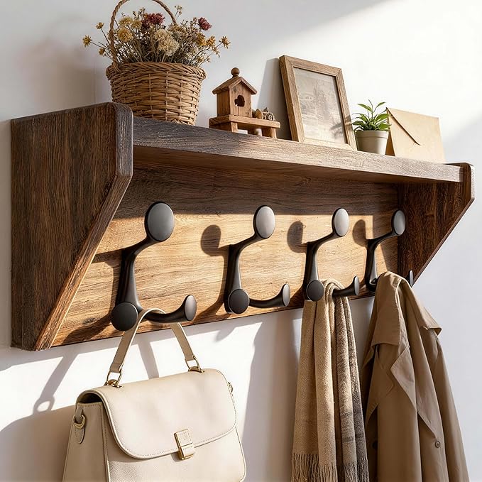 SKOLOO Wall Shelf with Hooks, 24-Inch, Weathered Brown | Coat Rack Wall Mount with Shelf, Heavy Duty, 4 Tri Hooks, Perfect for Entryway, Hallway, Living Room, Bedroom, Mudroom
