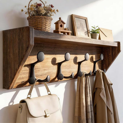 SKOLOO Wall Shelf with Hooks, 24-Inch, Weathered Brown | Coat Rack Wall Mount with Shelf, Heavy Duty, 4 Tri Hooks, Perfect for Entryway, Hallway, Living Room, Bedroom, Mudroom