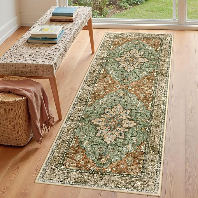 RELEANY Area Rugs Runner 3'x7' Washable Non-Slip, Floral Vintage Distress Medallion Carpet for Kitchen Hallway Bedroom Beside Laundry Room Bathroom, Terracotta Burnt Orange Green