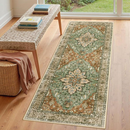 RELEANY Area Rugs Runner 3'x7' Washable Non-Slip, Floral Vintage Distress Medallion Carpet for Kitchen Hallway Bedroom Beside Laundry Room Bathroom, Terracotta Burnt Orange Green