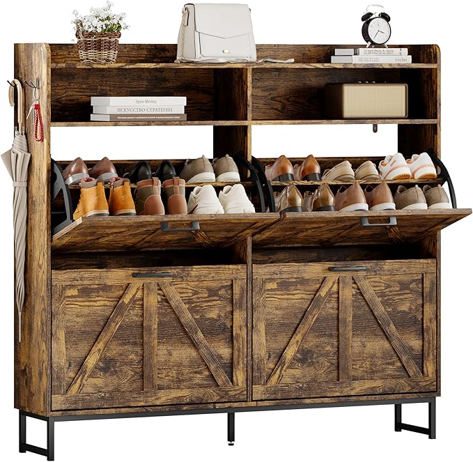 Shoe Cabinet Storage for Entryway, Shoe Storage Cabinet with 3 Flip Drawers, Freestanding Narrow Shoe Rack Organizer with Metal Legs for Foyer, Hallway, Brown