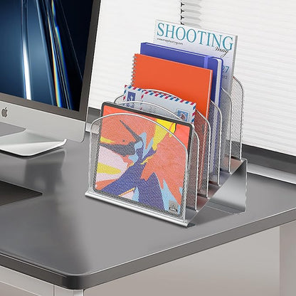 Inclined Desk File Organizer, 5-Section Vertical File Folder Holder Stand Metal Rack File Sorter for Office Classroom Desktop Organization (Silver, 1Pack)