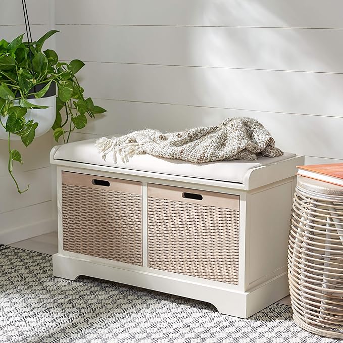 Safavieh Home Collection Landers Distressed White 2-Drawer/Cushion Storage Bench (Fully Assembled) BCH5702A