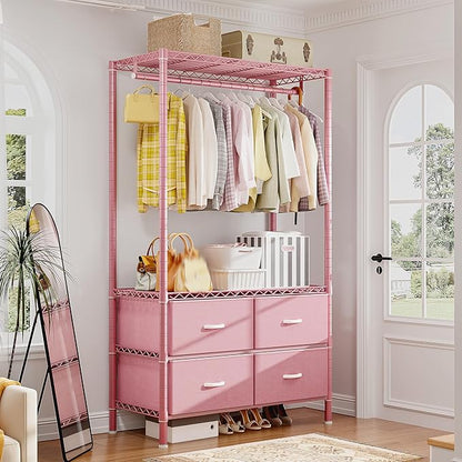 Raybee Clothing Rack with 4 Drawers and Shelves, Heavy Duty Clothes Rack for Hanging Clothes,Portable Closet,Metal, Sturdy,Pink