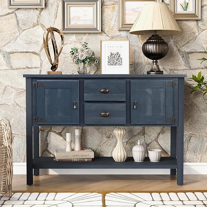 LKTART Solid Wood Farmhouse Console Table,Sofa Table with Storage Drawers and Shelves,Entryway Table for Entry Hallway Foyer,EasyAssembled (48" Navy Blue)
