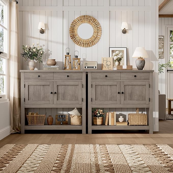 HOSTACK Farmhouse Console Table with 2-Door Cabinet & 2 Drawers, Coffee Bar, Entryway Table with Storage Shelf, Sofa Tables Buffet Sideboard for Kitchen, Hallway, Dining, Living Room, Ash Gray