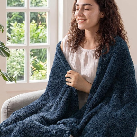 Exclusivo Mezcla Fleece Navy Blue Throw Blanket for Couch Sofa, Ultra Soft, Lightweight and Fluffy Blankets for Women, All Season, 50x60 Inches