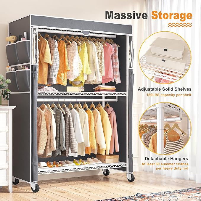 Raybee Rolling Clothes Rack with Cover, 81" H Heavy Duty Clothing Rack with Adjustable Shelves, Portable Wardrobe Closet with Visible Window, Double Rod Garment Rack on Wheels, Max Load 440LBS, White