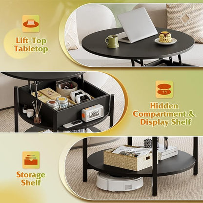 WLIVE Round Lift Top Coffee Table with Storage Shelf and Hidden Compartment, Farmhouse Small Coffee Table with 2 Tier for Living Room and Home Office, Black