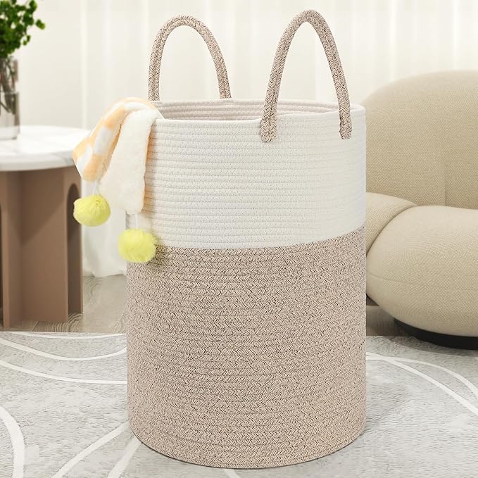 Eblog 58L Cotton Rope Laundry Basket (20"x15"), Woven Storage Basket for Laundry, Living Room, Nursery, Bedroom, Blankets (White/Brow)