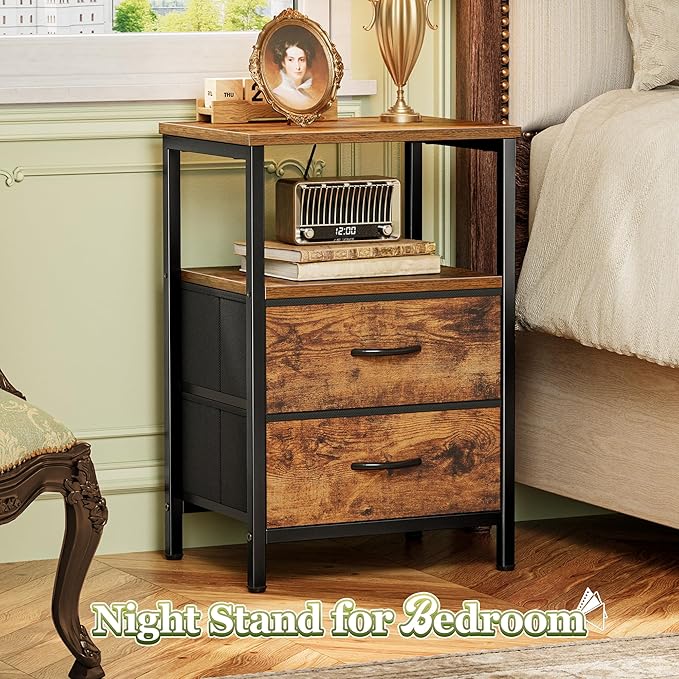 Huuger Night Stand with 2 Drawers, Bed Side Table with Open Shelf, Wooden Top, Nightstand for Bedroom, End Table for Small Space, Fabric Drawer, Rustic Brown