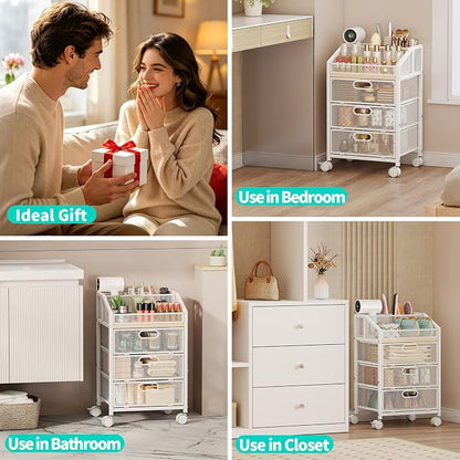 HapiRm Rolling Makeup Cart Organizer - Under Desk Makeup Storage with Wheels, Floor Make up Cart Skincare Organizers Desk Vanity Storage Organizer Cabinet for Cosmetics Makeup Brush Hair Tool, White