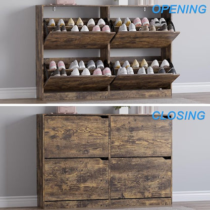 BORNOON Shoe Cabinet with 4 Flip Drawers, Narrow Hidden Shoe Storage Cabinet, Slim Freestanding Shoe Rack Organizer for Entryway, Hallway, Bedroom, Living Room