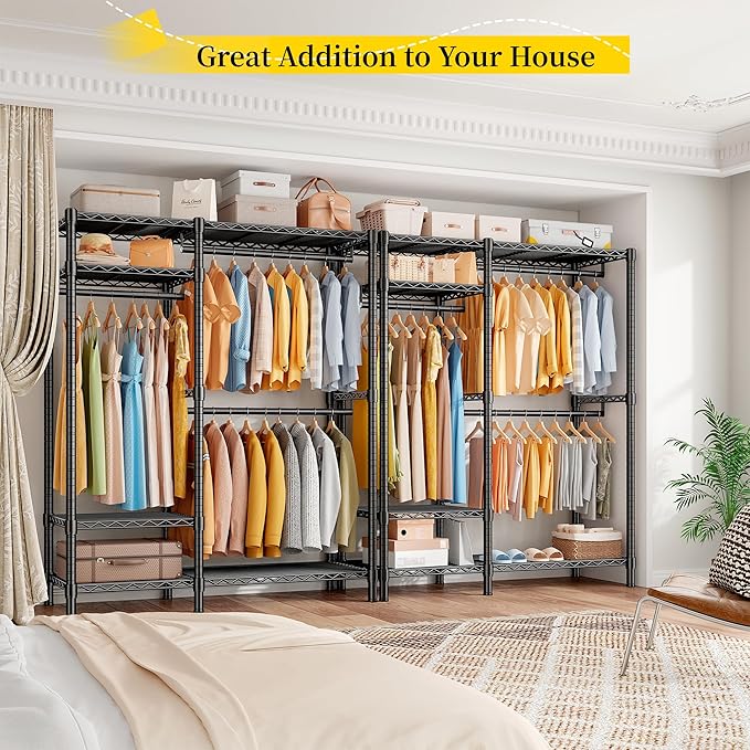 Raybee Clothes Rack Heavy Duty Loads 780LBS Clothing Racks for Hanging Clothes Adjustable Metal Portable Closet,45.5" W x 77" H x16.5 D Black