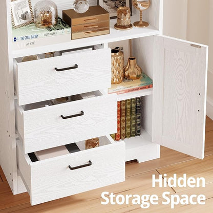 IRONCK Bookshelf with Doors and 3 Drawers, 71in Tall Bookcase with 3-Tier Shelves, for Living Room Entrance Hallway Home Office