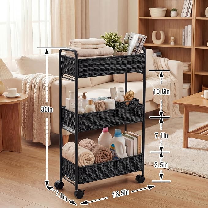 FOCHIER F Utility Slim Storage Cart,3-Tier Rolling Kitchen Office Laundry Room Cart,Mobile Shelving Unit Organizer for Living Room Bathroom Baby Diaper Narrow Places (Black, 3 Tiers-7.1 inch (W))